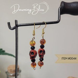 Black Orange Skull, Beaded Dangle Earrings- Classic Halloween- Tineka Dawn